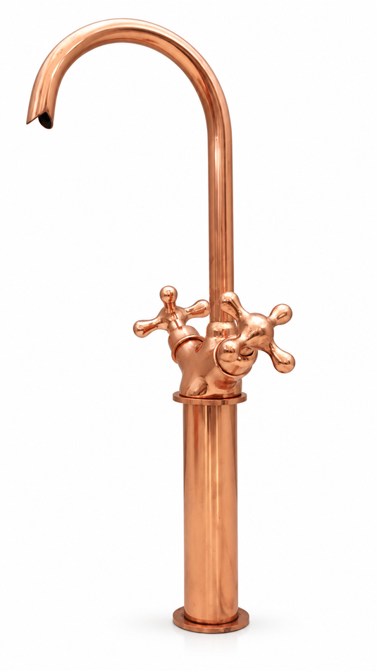 Moroccan Copper Bathroom Sink Faucet, Wall-Mounted Vessel Sink Tap with Cross Handles