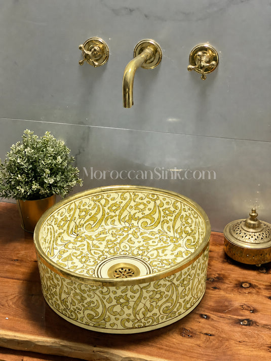 Vessel Sink, Sink Bowl, Ceramic Basin, Hand Wash Basin,Antique Sink with Brass Rim Edge