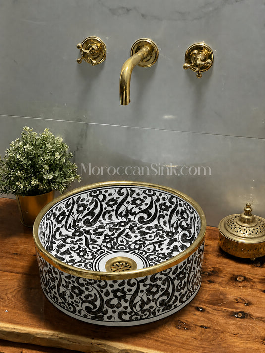 Vessel Sink, Sink Bowl, Ceramic Basin, Hand Wash Basin,Antique Sink with Brass Rim Edge
