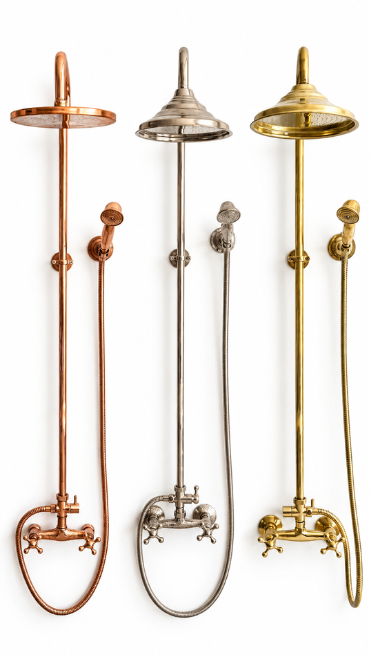 Unlacquered Brass Etched Shower System Set - Unlacquered Brass Shower System - Handheld Shower - Copper Outdoor Shower - Copper showerhead